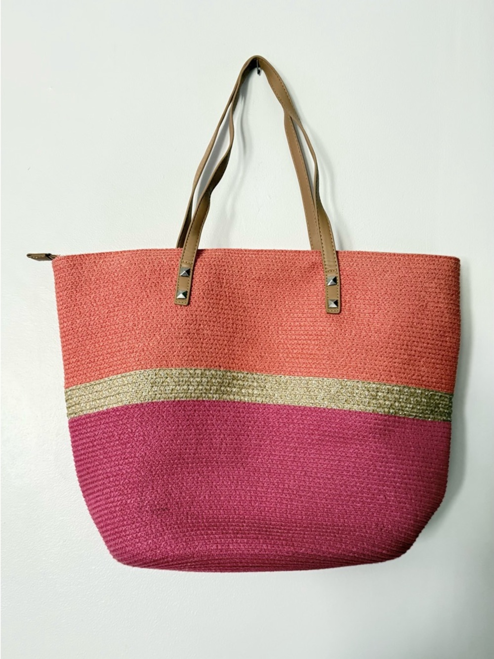 Two-Tone Coral and Magenta Straw Tote with Gold Accent
